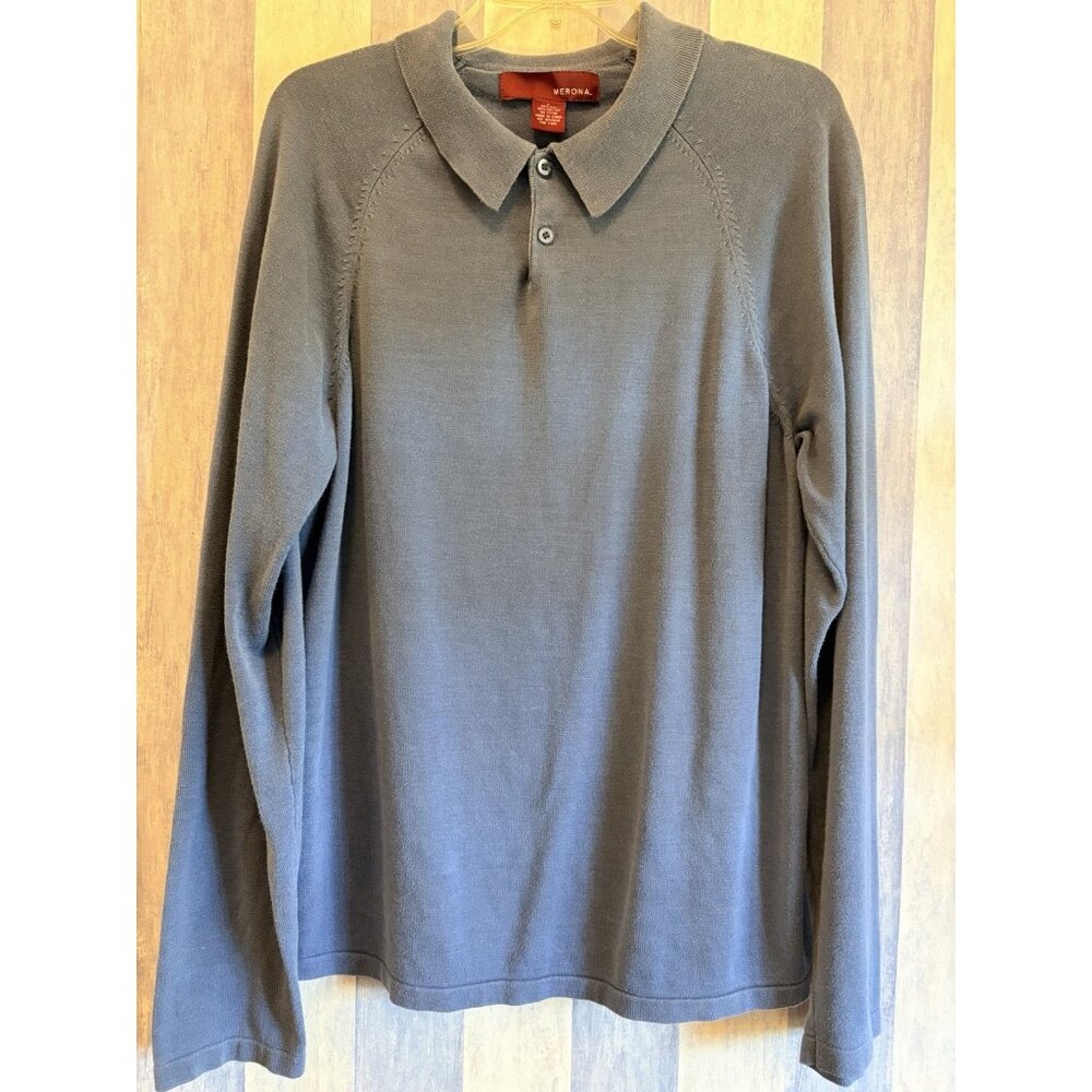 Men’s Silk And Cotton Knit Sweater Shirt, Longsleeve,Dusty Blue,Soft Luxurious,L